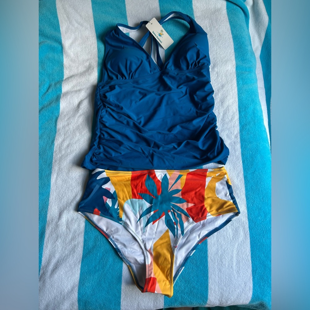 Blue Two-Piece Swimsuit with Colorful Bottom